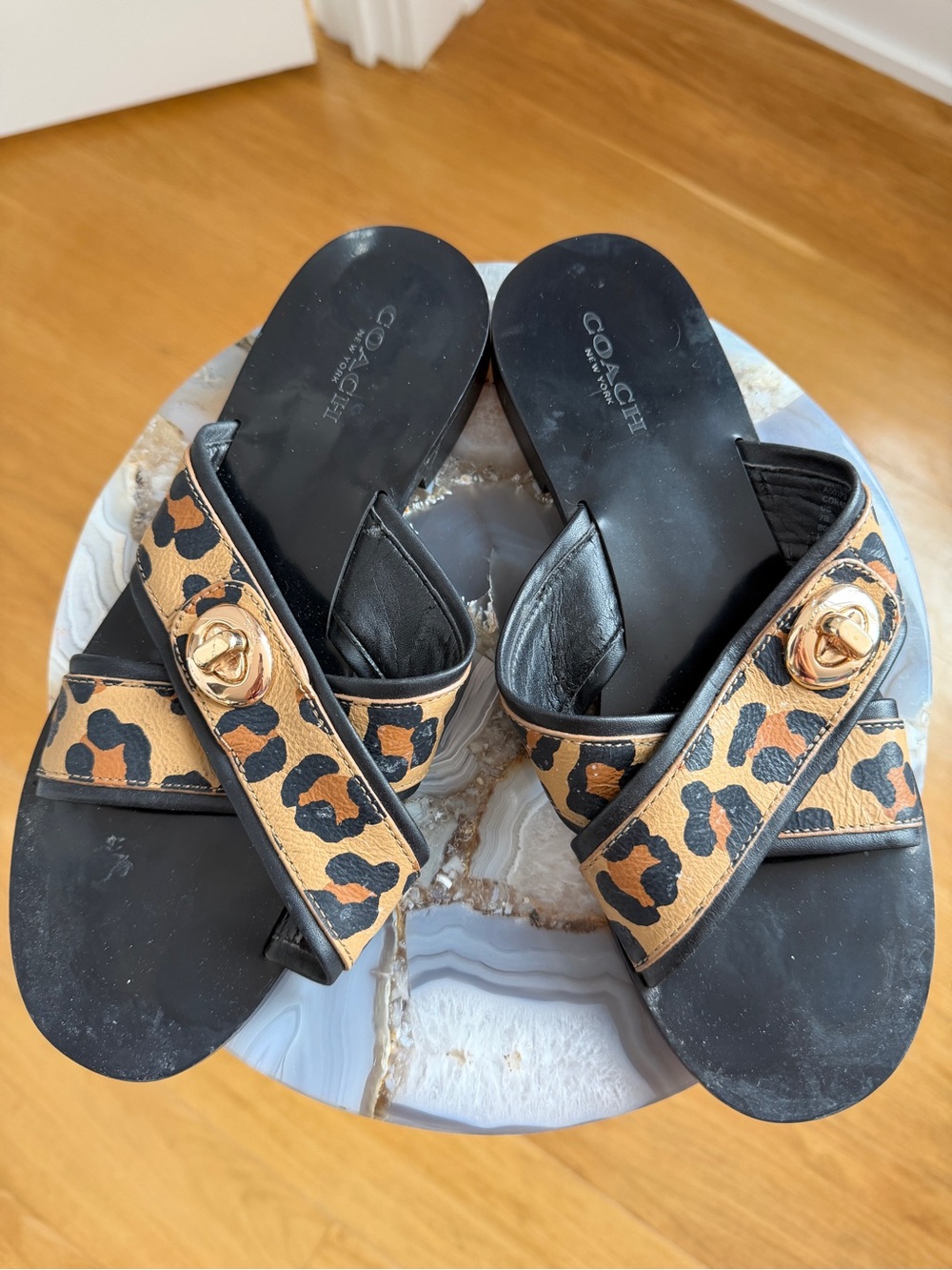 Coach Leopard-Print Slide Sandals in Tan and Black with Gold Accent